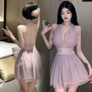 紫色深V誘惑露背透視網紗裙擺性感蕾絲裙