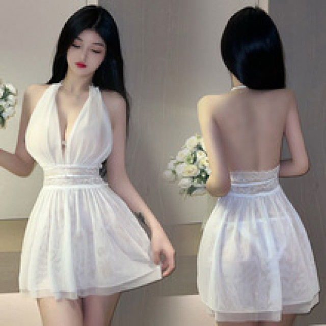 紫色深V誘惑露背透視網紗裙擺性感蕾絲裙